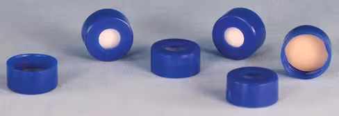 Bouchon à visser bleu PP ouverture 9mm avec septum pré-percé PTFE/silicone certifié, x100