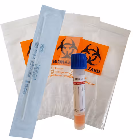 Kit écouvillon stérile nasopharyngé avec tube 13 mm et milieu virus et sachet de transport x 60