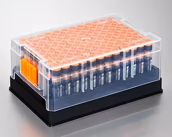 Tube de stockage 96 PP 1,3 ml naturel fond rond avec bouchon à vis orange sur portoir et couvercle non stérile CB x 960