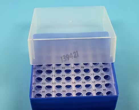 Cryoboîte pour 64 tubes de 11 mm bleu fluo hauteur 75 mm