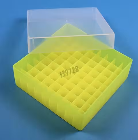 Boîte PP jaune fluo 9 x 9 tubes 12,5 mm dim ext 130 x 130 x 52 mm