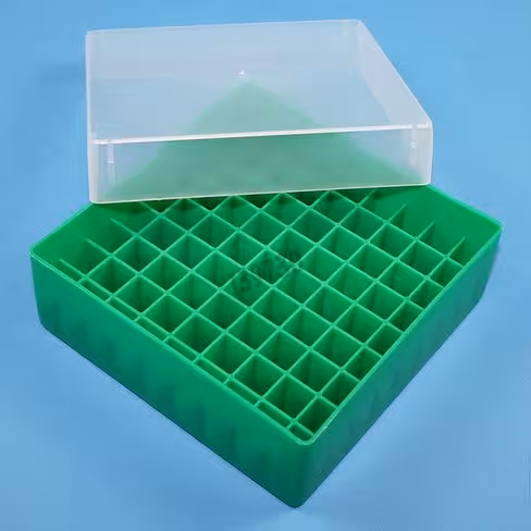 Boîte PP verte fluo 9 x 9 tubes 12,5 mm dim ext 130 x 130 x 52 mm