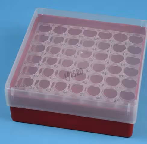 Cryoboîte pour 49 tubes 16,5 mm rouge 130 x 130 mm hauteur 52 mm alpha num