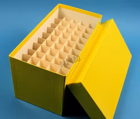 Boîte jaune carton hydrophobe longue 5 x 10 tubes 15 ml dim 122 x 237 x 128 mm