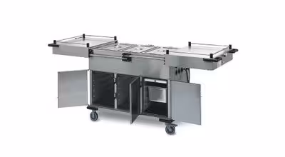 Chariot bain-marie sur étuve - 3 bacs et 3 étuves avec couvercle coulissant
