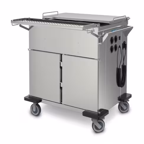 Chariot bain-marie sur étuve - 2 bacs et 2 étuves avec couverle rabattable 2/3-1/3