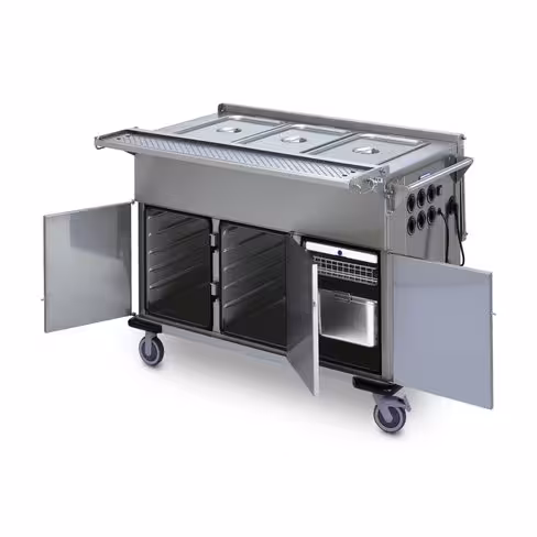 Chariot bain-marie sur étuve - 3 bacs et 3 étuves avec couverle rabattable 2/3-1/3