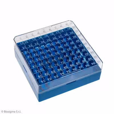 Boîte cryogen box 100 PC 132 x 132 mm pour 100 cryotubes 1,2 et 2 ml bleu