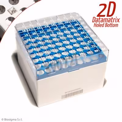 Boîte cryogen 2D PC 132 x 132 mm pour 81 cryotubes 5 ml bleue