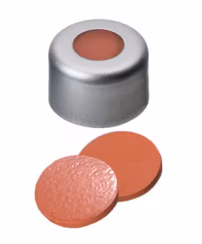 Septum caoutchouc rouge/PTFE assemblé avec bouchon à sertir 8 mm en aluminium, trou central x 1000