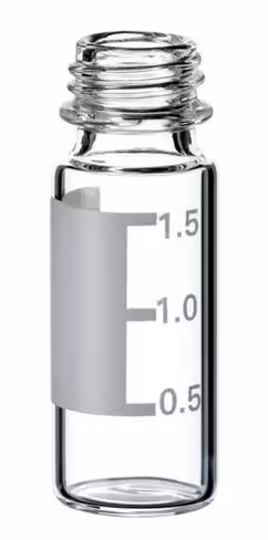 Flacon en verre SureStop 1,5 ml à filetage court 9 mm , à ouverture large, transparent, fond plat, zonz de marquage,
