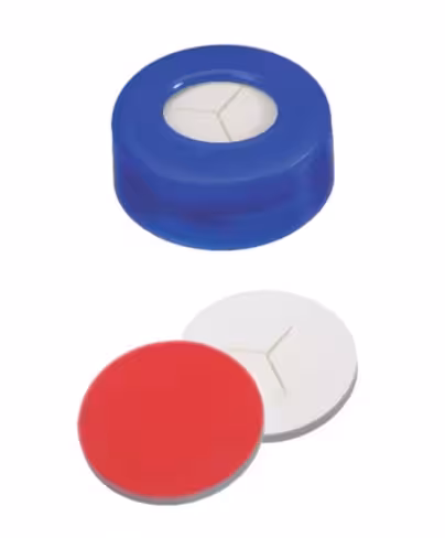 Septum silicone/PTFE pré-fendu assemblé avec bouchon à clipser 11 mm en PE, bleu, trou central x 1000
