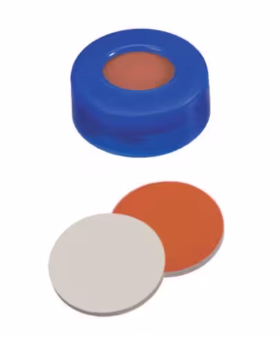 Septum caoutchouc rouge/PTFE assemblé avec bouchon à clipser 11 mm en PE dur, bleu, trou central x 1000