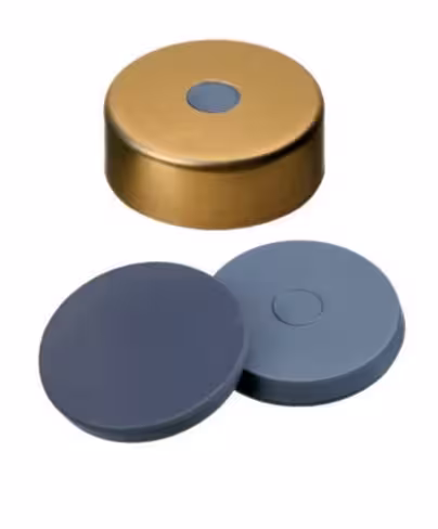 Septum PTFE/butyle assemblé avec capsule à sertir 20 mm, doré, bouchon magnétique, trou central 8 mm, épaisseur 1,3