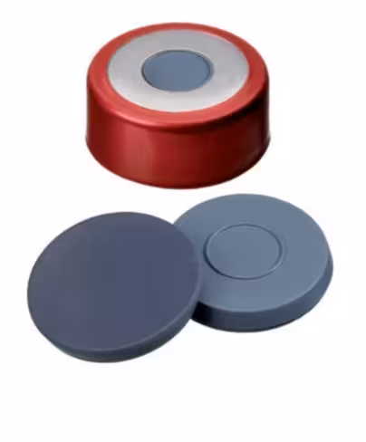 Septum PTFE/butyle assemblé avec capsule à sertir 20 mm, rouge, bouchon bimétallique magnétique, trou central 8 mm x