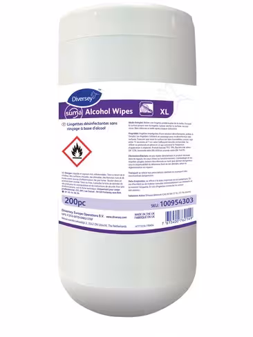 Lingette désinfectante sans rinçage Suma alcohol Wipes XL Diversey - 12 boîtes de 200