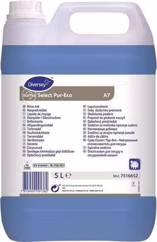 Liquide de rinçage neutre concentré Suma Select A7 Pur Eco - Ecolabel - Diversey - 2 bidons de 5 l