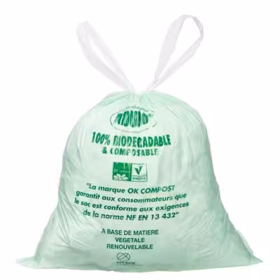 Sac à déchets OK Compost 40 l - ép. 20 µm - vert - lien coulissant - 1 carton de 250