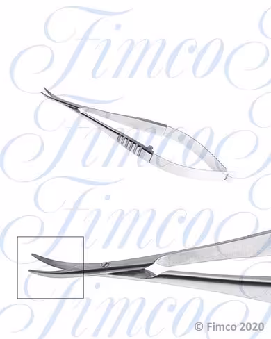 Ciseaux à cornée de Vannas courbés bouts mousses lames 6 mm - l. 85 mm