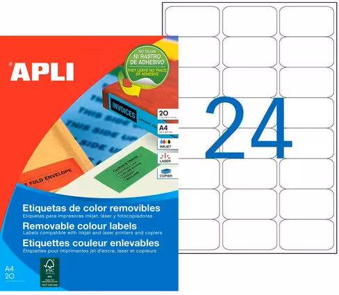 Etiquette rectangulaire APLI - enlevable - 63,5 x 33,9 mm - 20 planches - vert - lot de 480