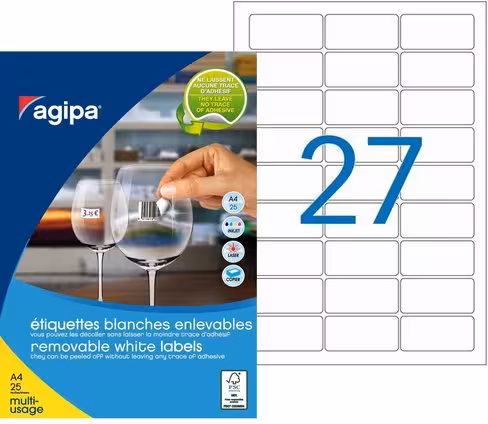 Etiquette multiusage enlevable AGIPA - coins arrondis - 63,5 x 29,6 mm - blanc - lot de 675