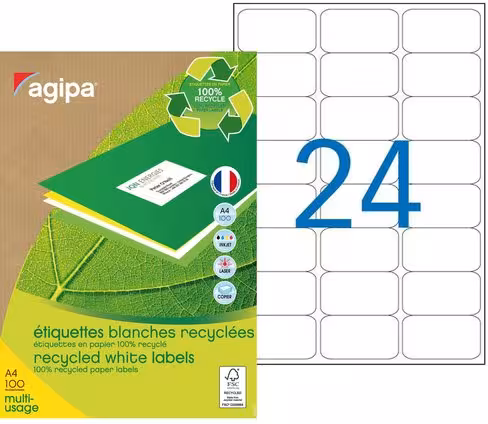 Etiquette recyclée multiusage enlevable AGIPA - coins arrondis - 63,5 x 33,9 mm - blanc - lot de 2 400