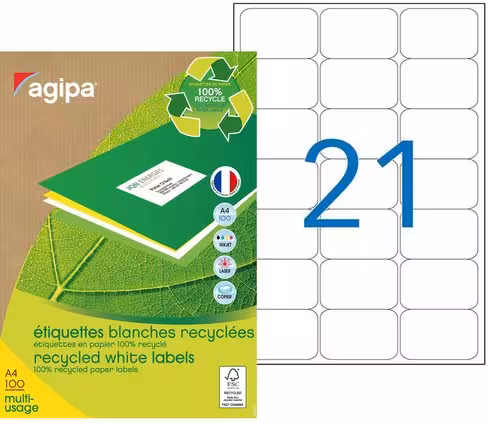 Etiquette recyclée multiusage enlevable AGIPA - coins arrondis - 63,5 x 38,1 mm - blanc - lot de 2 100