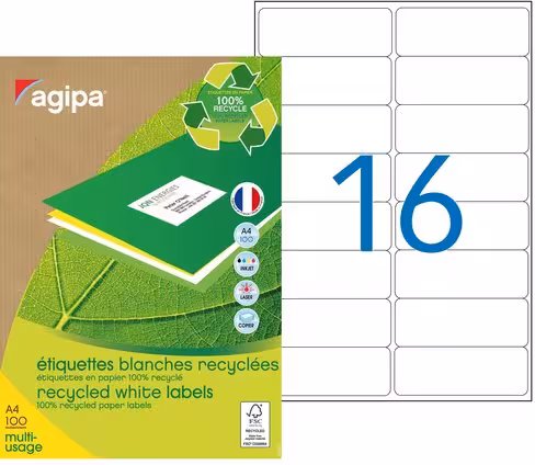 Etiquette recyclée multiusage enlevable AGIPA - coins arrondis - 99,1 x 33,9 mm - blanc - lot de 1 600