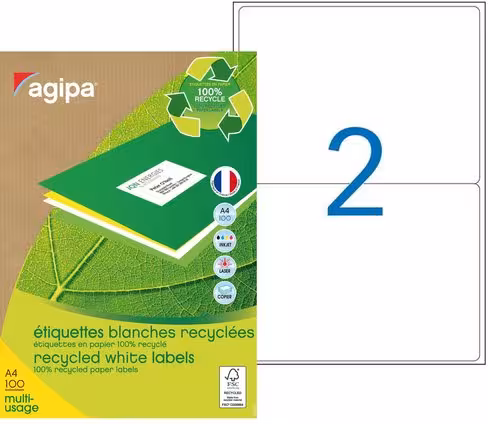 Etiquette recyclée multiusage enlevable AGIPA - coins arrondis - 199,6 x 143,5 mm - blanc - lot de 200