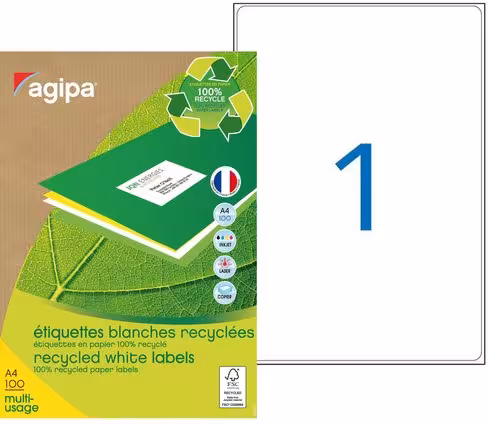 Etiquette recyclée multiusage enlevable AGIPA - coins arrondis - 199,6 x 289,1 mm - blanc - lot de 100