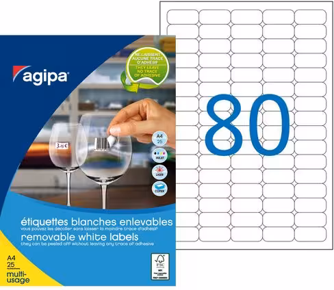 Etiquette multiusage enlevable AGIPA - coins arrondis - 35,6 x 16,9 mm - blanc - lot de 2 000