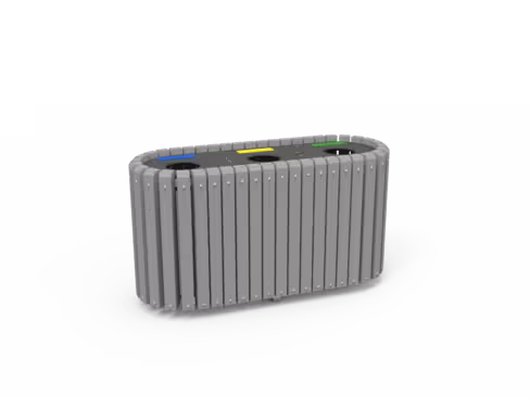 Corbeille de rue tri sélectif point de tri Soleil - lattes plastique recyclé - 3 bacs à déchets 70 l - coloris standard
