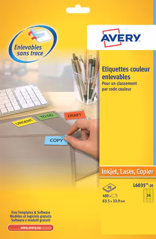 Etiquette enlevable Avery - 63,5 x 33,9 mm - jaune - lot de 480