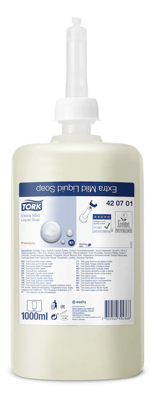 Savon liquide doux - S1 Tork - Ecolabel sans parfum - carton de 6 x 1 l