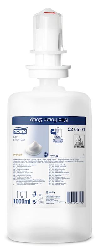 Savon mousse doux - S4 Tork - parfum frais - Ecolabel - carton de 6 x 1 l