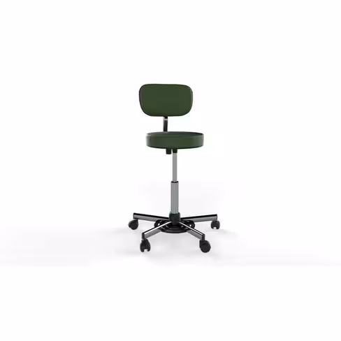 Tabouret avec dossier sur roulettes - hauteur réglable par commande au pied (53 à 73 cm)