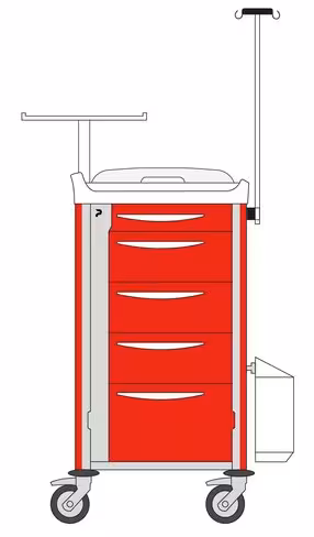 Chariot d'urgence équipé Neop - 5 tiroirs télescopiques - l. 400 x l. 400 x h. 100 cm - rouge garance