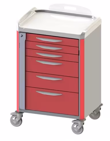 Chariot d'urgence de base Neop - 6 tiroirs télescopiques - l. 600 x l. 400 x h. 100 cm - rouge garance
