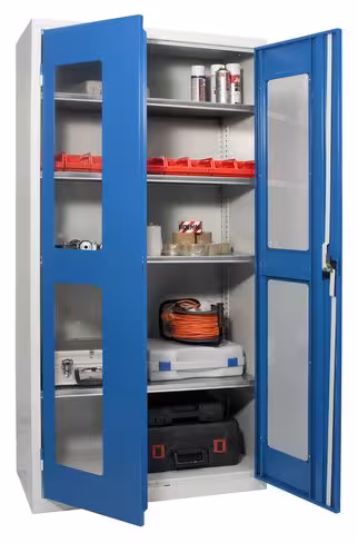 Armoire d'atelier portes battantes transparentes - 4 tablettes - 100 x 198 x 62 cm