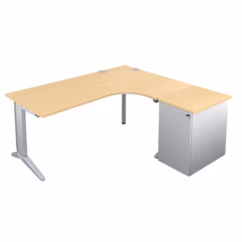 Bureau compact 90° asymétrique Fusion - l. 180 x l. 120 x pr 80-66 cm + caisson sur retour façade métallique - pieds C