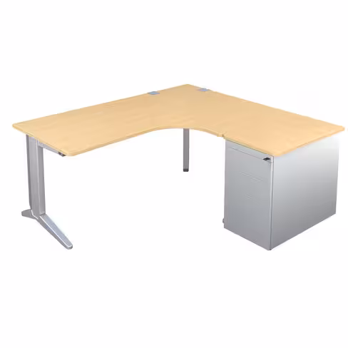 Bureau compact 90° asymétrique Fusion - l. 180 x l. 120 x pr 80-80 cm + caisson sur retour façade métallique - pieds C