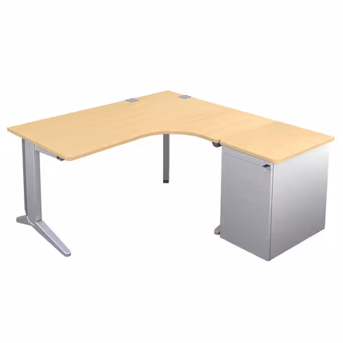Bureau compact 90° asymétrique Fusion - l. 160 x l. 120 x pr 80-66 cm + caisson sur retour façade métallique - pieds C