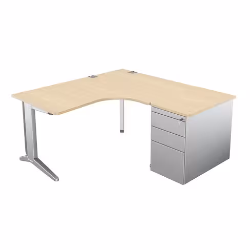 Bureau compact 90° asymétrique Fusion - l. 160 x l. 120 x pr 80-80 cm + caisson sur retour façade métallique - pieds C