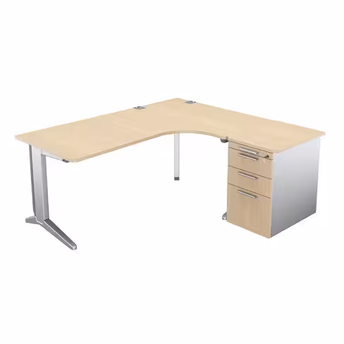 Bureau compact 90° asymétrique Fusion - l. 180 x l. 120 x pr. 80-66 cm + caisson sur retour façade mélaminé - pieds C