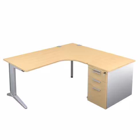 Bureau compact 90° asymétrique Fusion - l. 180 x l. 120 x pr. 80-80 cm + caisson sur retour façade mélaminé - pieds C