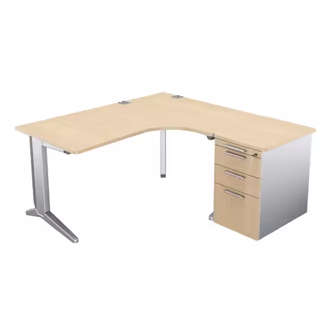 Bureau compact 90° asymétrique Fusion - l. 160 x l. 120 x pr. 80-66 cm + caisson sur retour façade mélaminé - pieds C