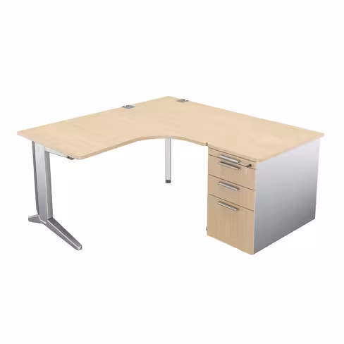 Bureau compact 90° asymétrique Fusion - l. 160 x l. 120 x pr. 80-80 cm + caisson sur retour façade mélaminé - pieds C