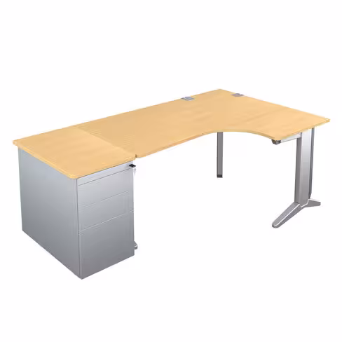Bureau compact 90° asymétrique Fusion - l. 160 x l. 120 x pr. 80-66 cm + caisson façade métallique - pieds C