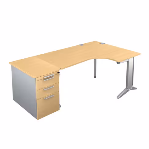 Bureau compact 90° asymétrique Fusion - l. 160 x l. 120 x pr. 80-66 cm + caisson façade mélaminé - pieds C