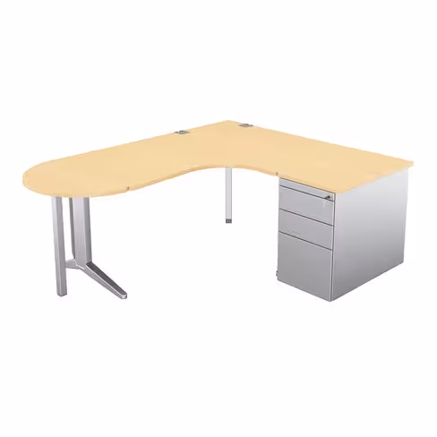 Bureau compact 90° asymétrique Fusion - l. 160 x l. 120 x pr 80-80 cm + caisson métal + convivialité demi-lune - pieds C